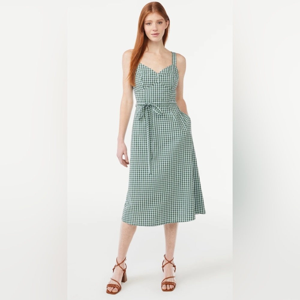 Women's Green Gingham Midi Dress with Waist Tie